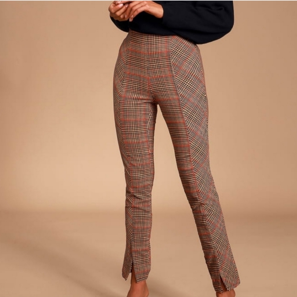 Free People Plaid Ankle-Length Cropped Pants in Brown and Rust